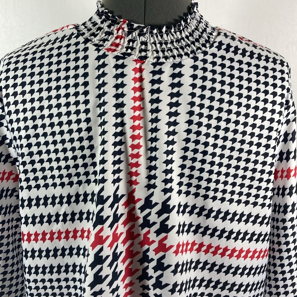 Black Red White Top/Blouse High Elastic Neck Long Sleeves Women Size Large - Picture 7 of 9
